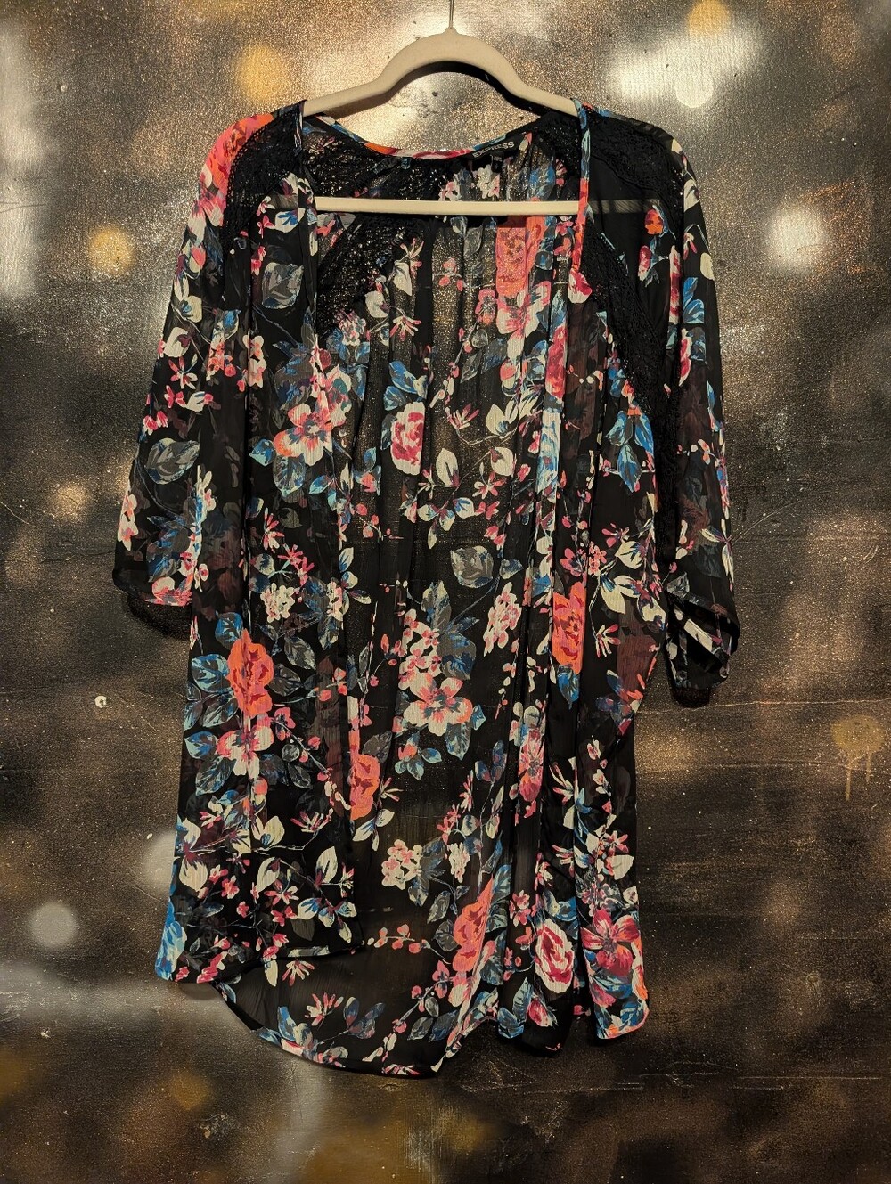 Express Black Floral Chiffon Kimono Cardigan Cover Up Black Pink Blue Sz S/P